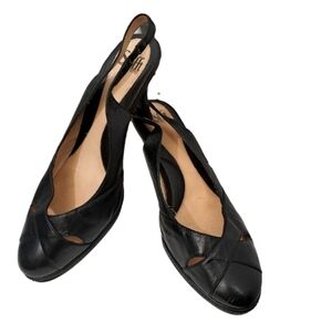 𝅺SÖFFT Black Leather Sling Back Kitten Heels Women's Size 9WW